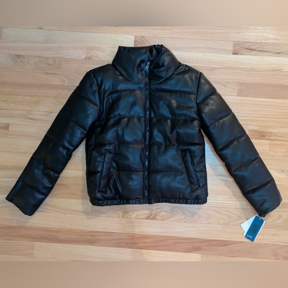 Black leather puffer jacket